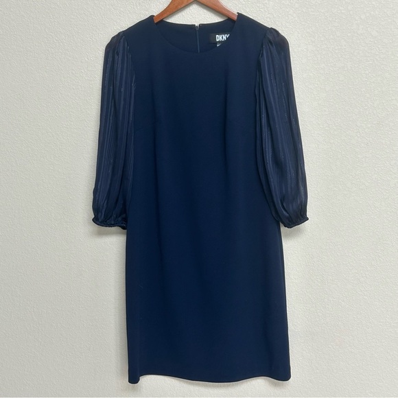 DKNY Women’s Size 8 Navy Blue Dress with Sheer Pleated Puff Sleeves Classic - Picture 2 of 8
